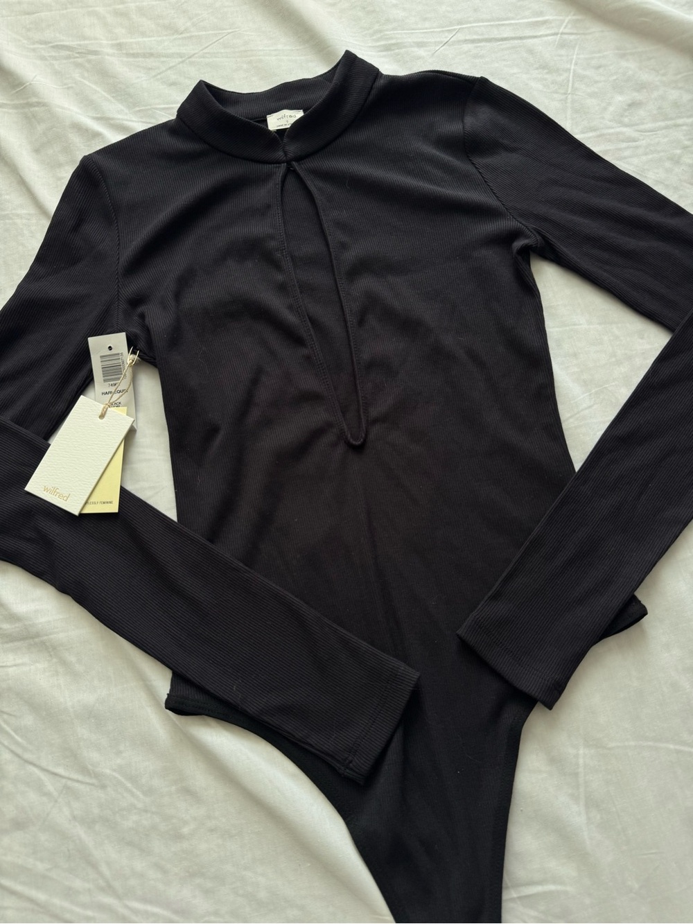 NWT Aritzia Wilfred Harlequin Black Ribbed Cutout Bodysuit Size S